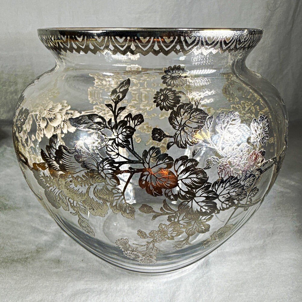 Vintage Cambridge Glass 3400 Globe Vase Rose Bowl Sterling Silver Overlay Floral